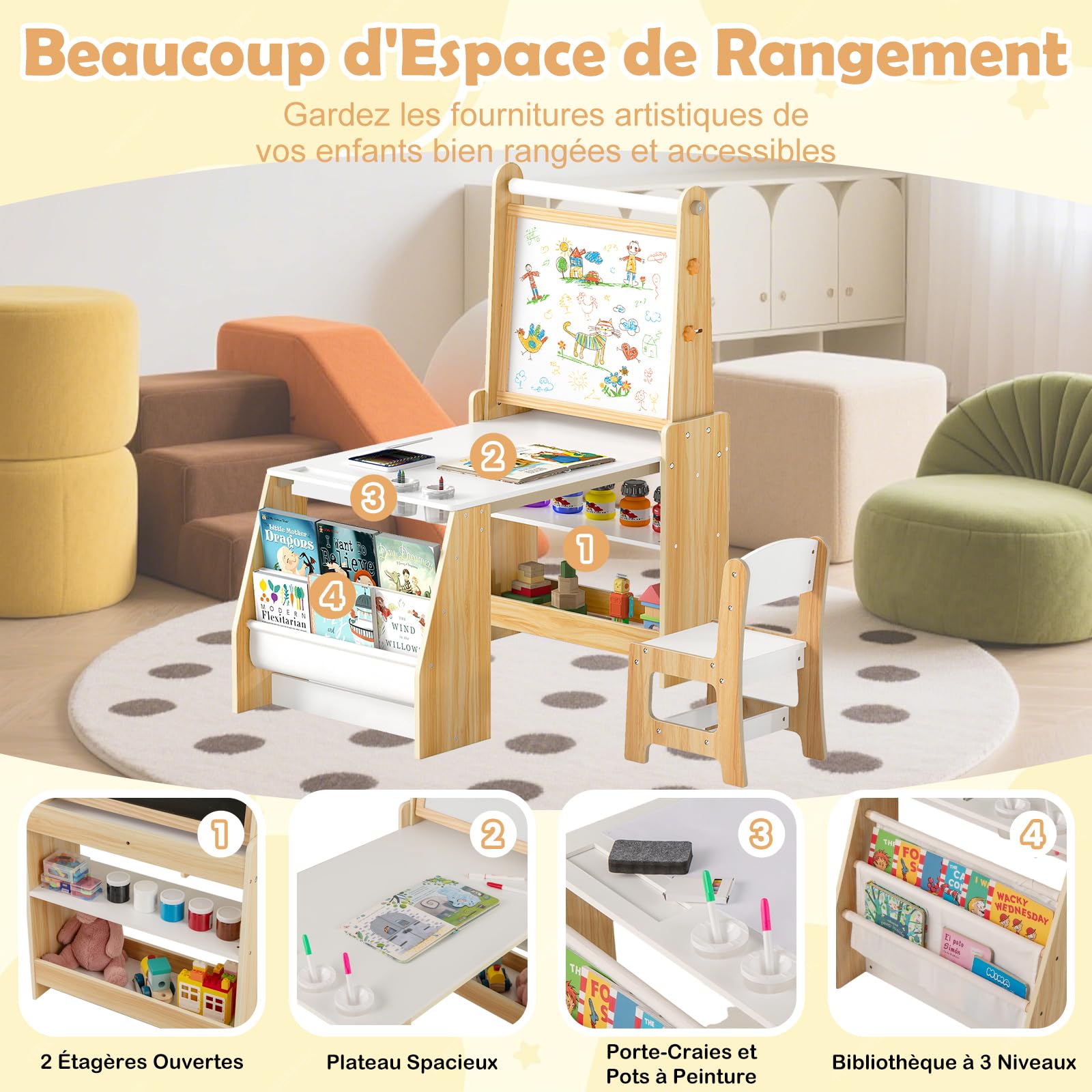 GOPLUS Table Enfant avec Chaise, Table à Dessin en Bois avec Tableau Noir/Blanc, Rouleau de Papier, Gomme, Craies, Gobelets de Peinture, Bureau Enfant en Bois avec Étagère (Naturel)