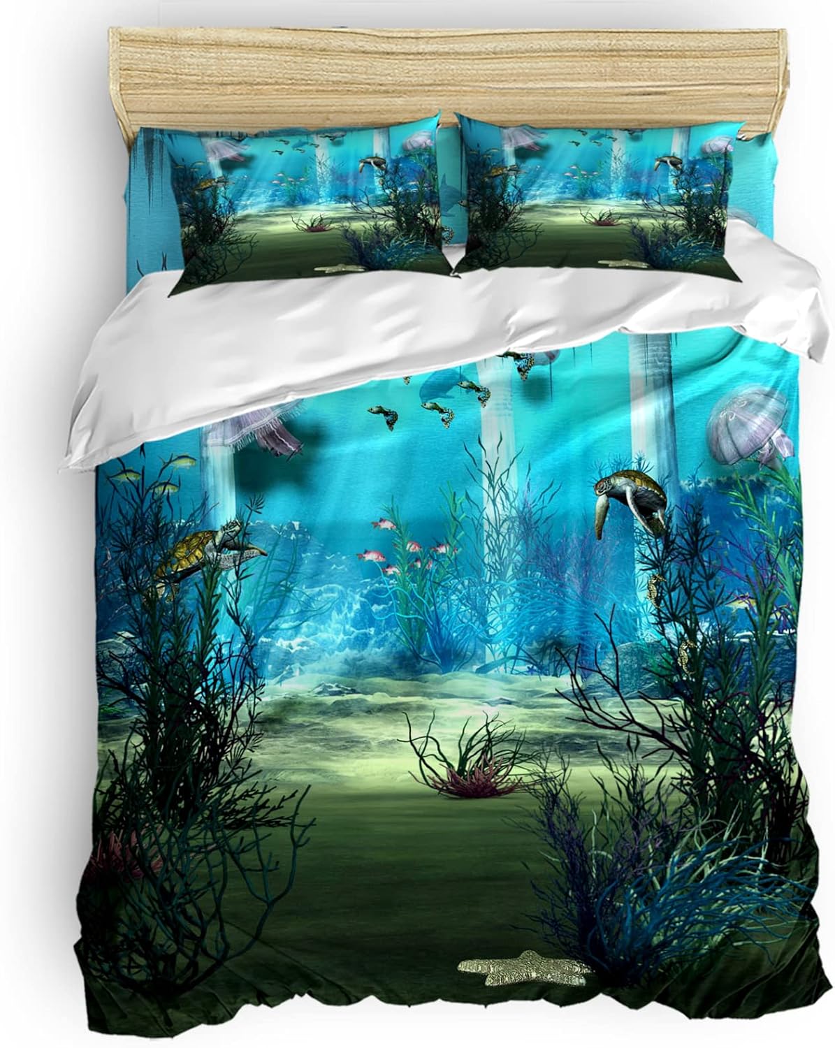 Review Discount Big buy store 4 Piece Duvet Cover Set Seaweed Jellyfish Bed Sheets Quilt Cover for Kids/Adults Bedroom Decoration King Size Under Water Scenery