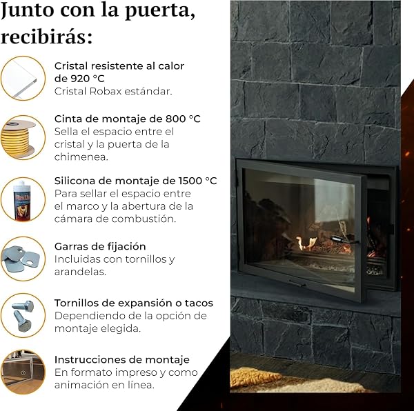 Puerta de horno de chimenea con cristal para hornos de pizza y acero para caldera. Apertura: derecha | Tirador a la izquierda. Ventana grande. (70x50cm) - 5
