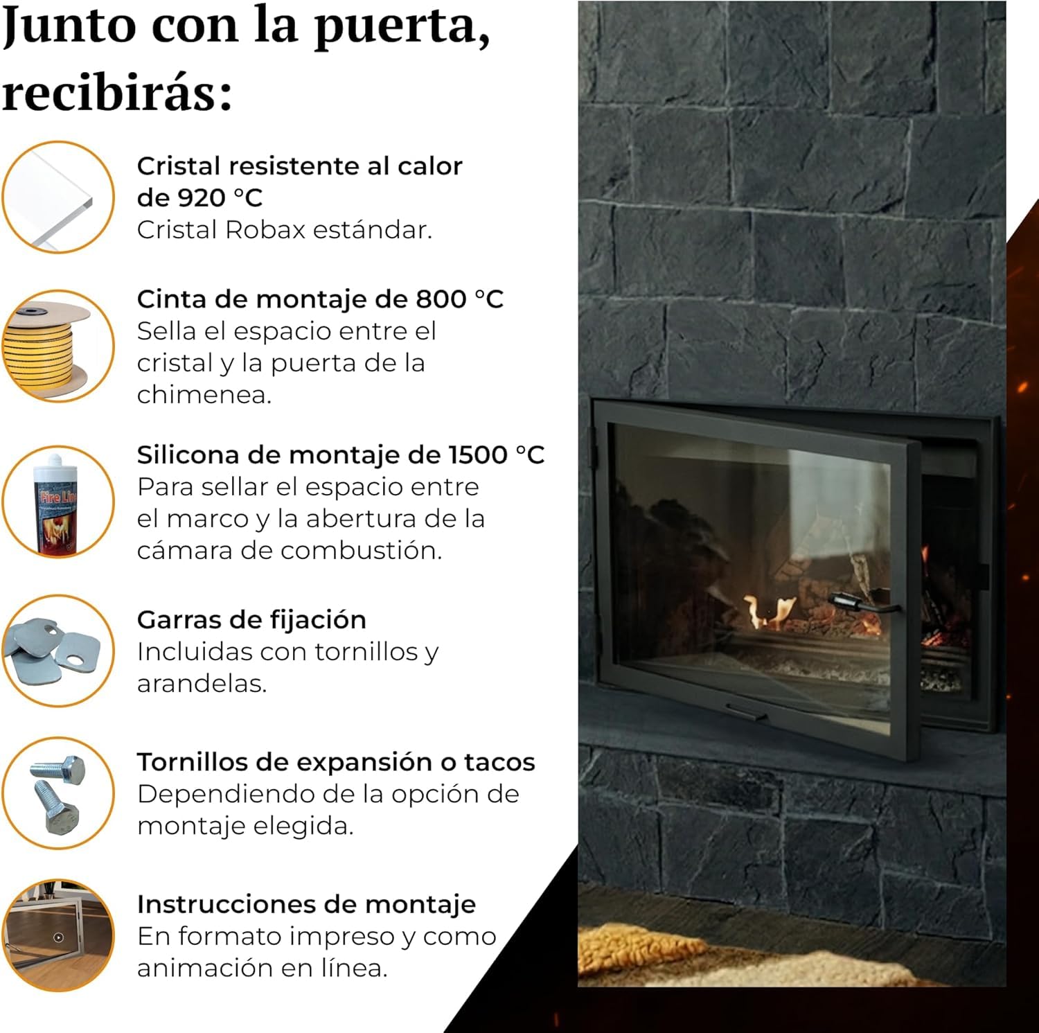 Puerta de Horno de Chimenea con Cristal para hornos de Pizza y Acero para Caldera. Apertura: Izquierda | Tirador a la Derecha. Ventana Grande. (70x52)