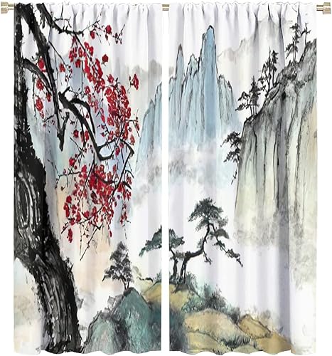 Cortina japonesa con diseño de cerezo en flor, montañas, río, nubes, pinos, paisaje, naturaleza, asiático, anime, oscurecimiento de habitación, Cortina japonesa con diseño de cerezo en flor, montañas, río, nubes, pinos, paisaje, naturaleza, asiático, anime, oscurecimiento de habitación,