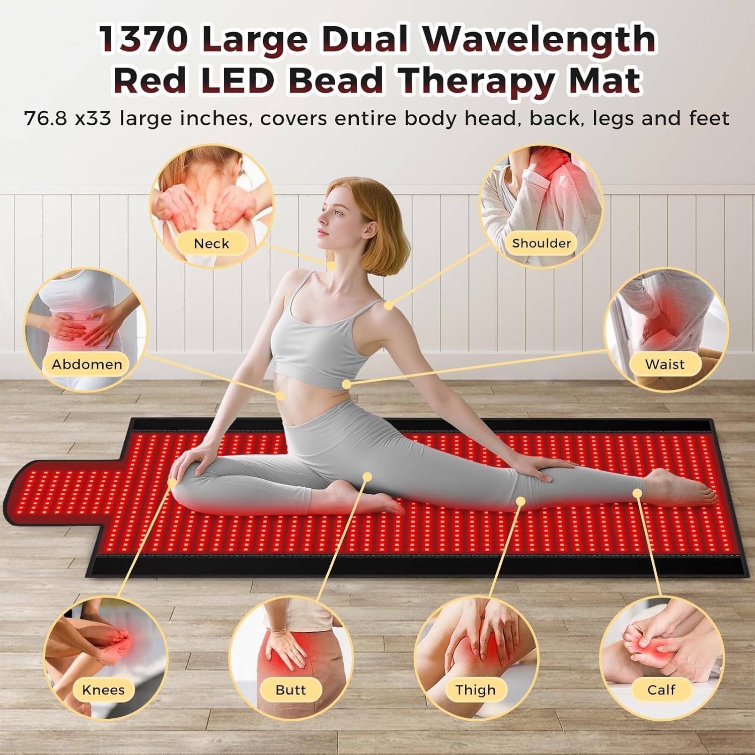 Tapis lumineux rouge de 195,6 x 86,4 cm pour le corps, couverture de lumière rouge, 1370 LED 2 en 1 (660 nm et 850 nm), cuir de qualité supérieure, 3 modes et minuterie réglable