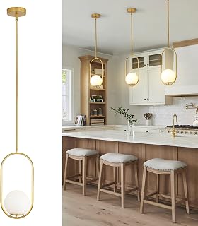 Yunnix Modern Gold Globe Pendant Light for Kitchen Island - Brass Mid-Century Glass Chandelier, Adjustable Height for Dining Room Bedroom (Bulb Not Included)