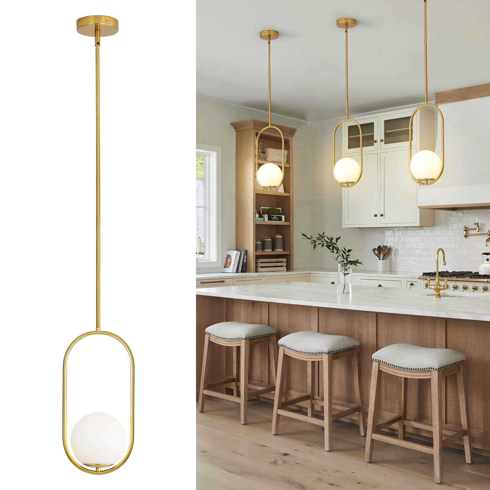 Photo 1 of Yunnix Pendant Lights Kitchen Island, Pendant Light Fixtures, Modern Gold Globe Glass Pendant Lighting, Brass Mid Century Chandelier One Light for Bathroom Bedroom Dining Room(Bulb Not Included)