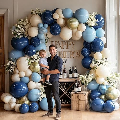 Miniatura 5 de Kit de arco de guirnalda de globos azul marino con globos doble relleno de color azul polvoriento, dorado, blanco, arena, beige, crema, metálico, de