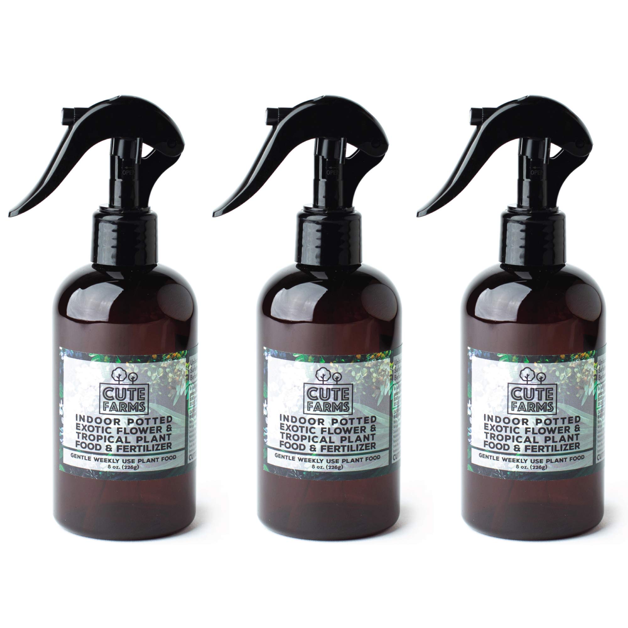 Cute Farms Indoor Potted Exotic Flower & Tropical Plant Fertilizer | Gentle Weekly Use Formula Plant Food (Three - 8 oz. Spray Bottles)