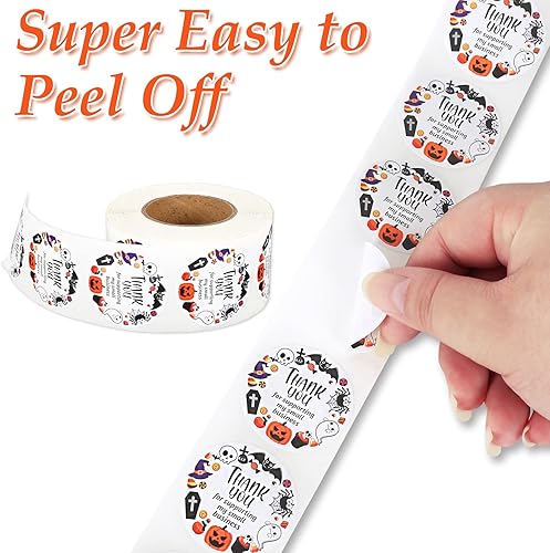 Miniatura 3 de Whaline 600 calcomanías de Halloween, rollo de agradecimiento por negocios, diseño de calavera, fantasma, calabaza, calcomanías redondas para sobres