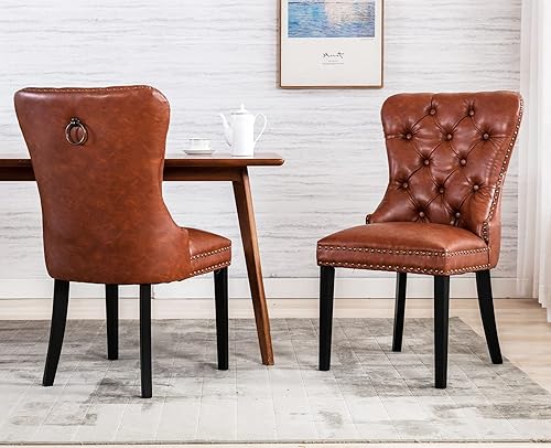 Juego de 2 sillas de comedor de piel sintética, modernas de mediados de siglo, sillas vintage de madera de goma sin brazos, sillas laterales