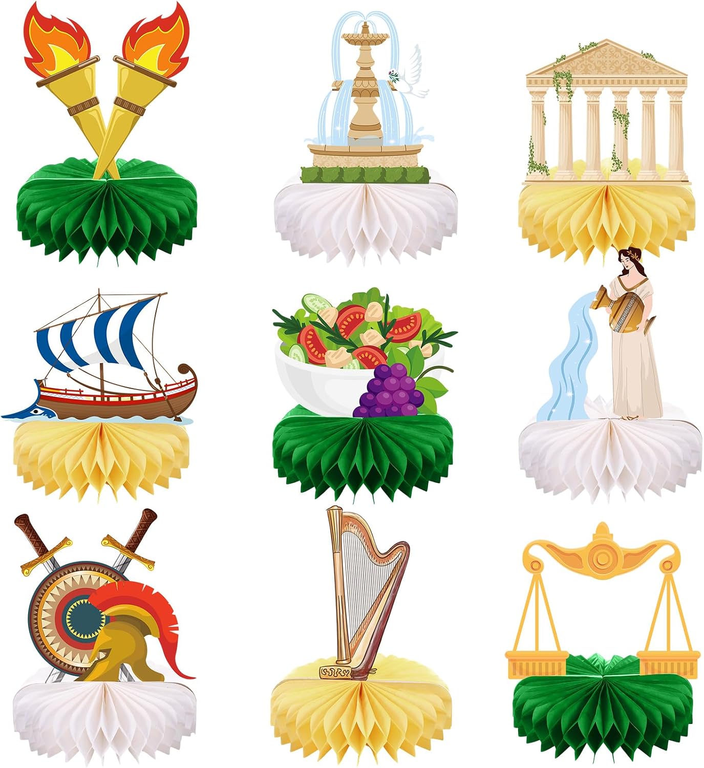 Funrous 9 Pcs Greek Decoration Greece Honeycomb Centerpieces Ancient Greece Themed Party Decorations Greek Mythology Party Favors Cutout Craft for Birthday Decor Ancient Roman Activities Supplies