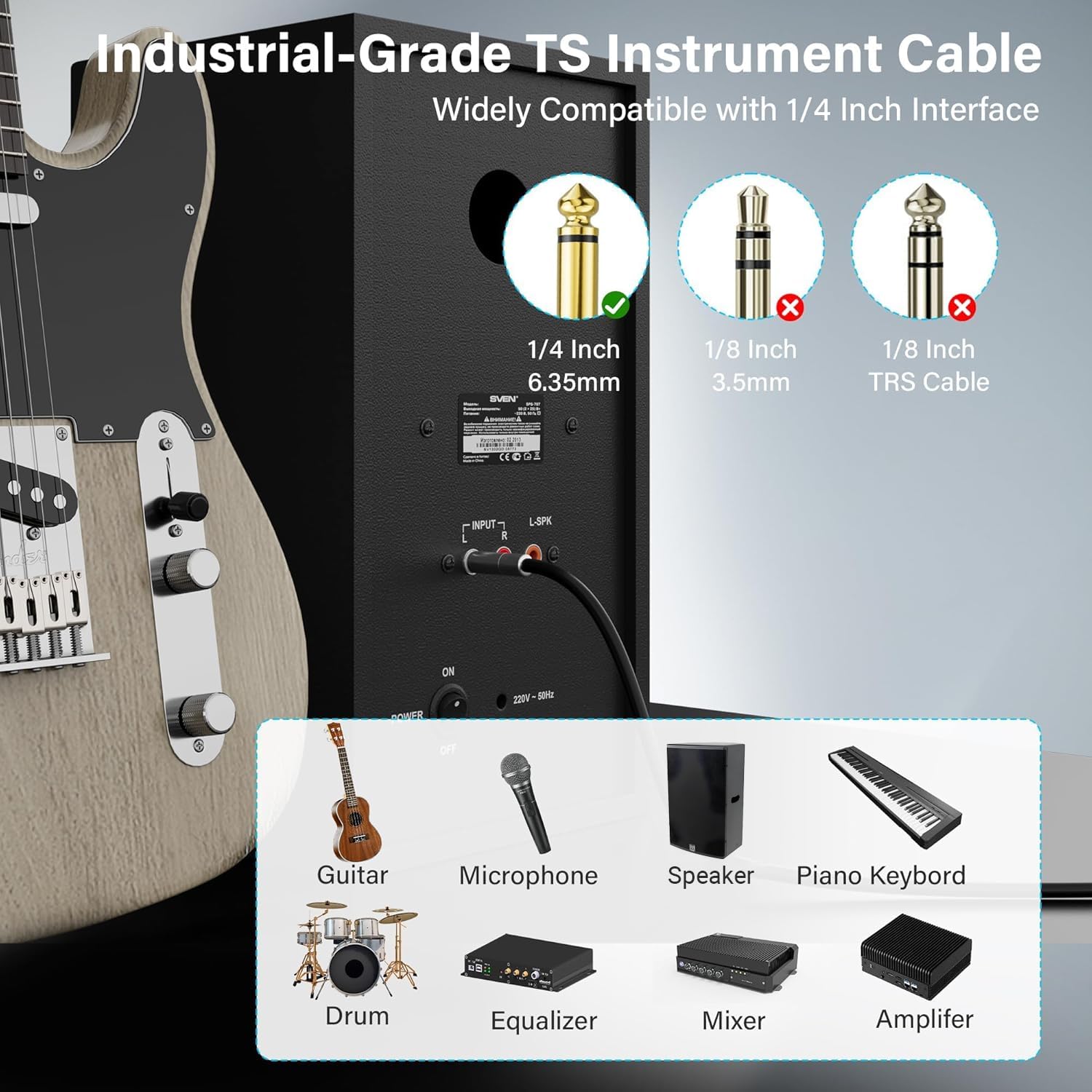 Elecan Cable de guitarra premium de 6,35 mm, 30 pies/2 unidades, cable de instrumento TS de 1/4 pulgadas a 1/4, conector mono de 12 AWG, cable AMP de bajo desequilibrado macho a macho para guitarra