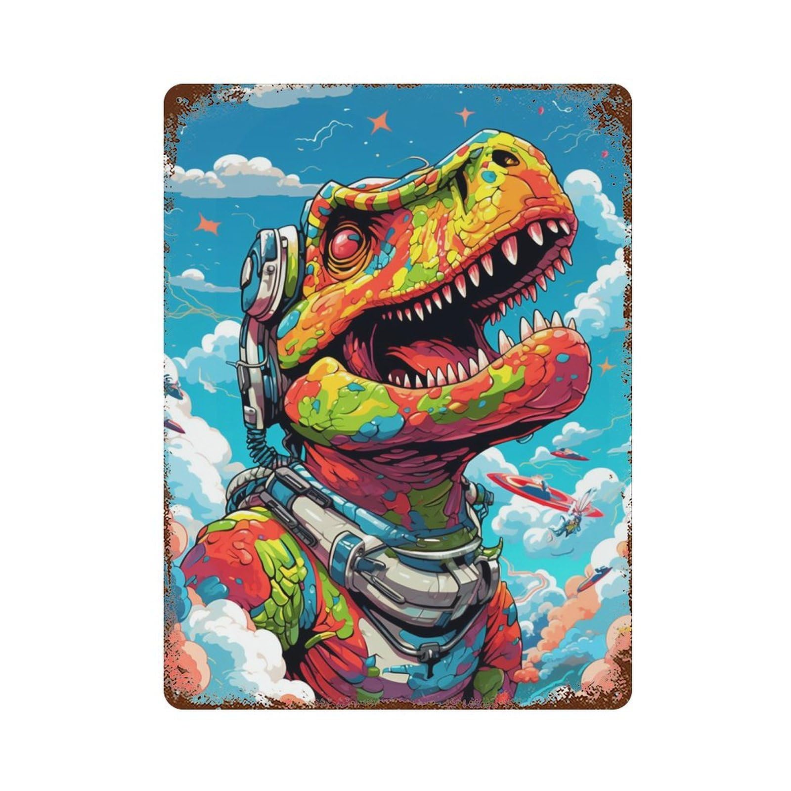 Garage Style Dinosaur Art Print-1 Rustic Tin Plaque 15.7"x11.8", Vintage Wall Decor for Bar And Workshop