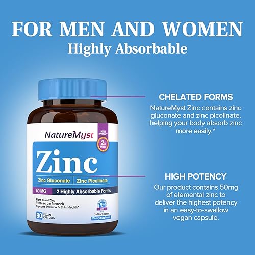 Miniatura 5 de NatureMyst Zinc, gluconato de zinc altamente absorbible y picolinato de zinc, 50 mg de zinc elemental, suave para el estómago, inmune, salud celular