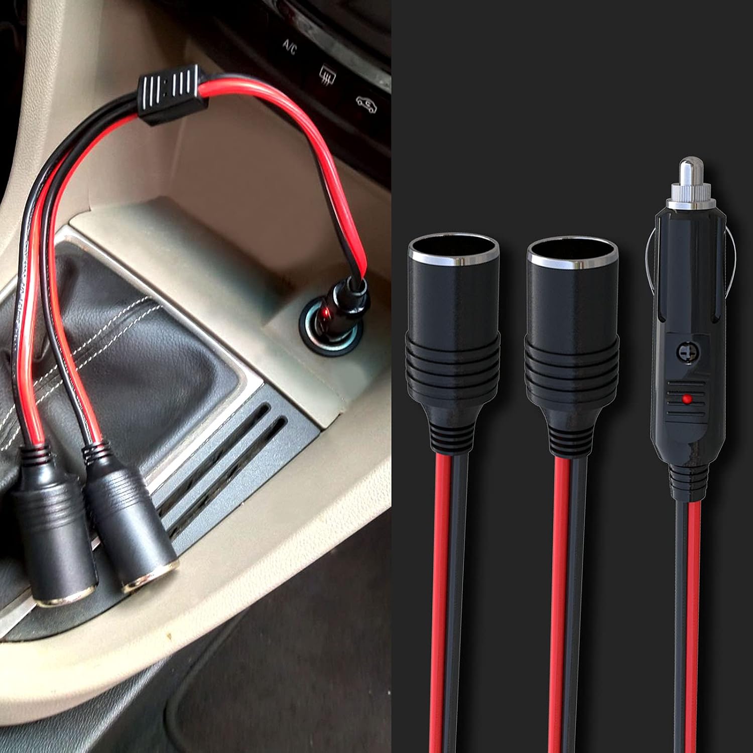 Goupchn Car Cigarette Lighter Splitter 1 to 2 12V Power Charger Port Adapter Plug Socket 2-Way Splitter 11.8inch Cigarette Lighter Extension Cord with 15A Fuse