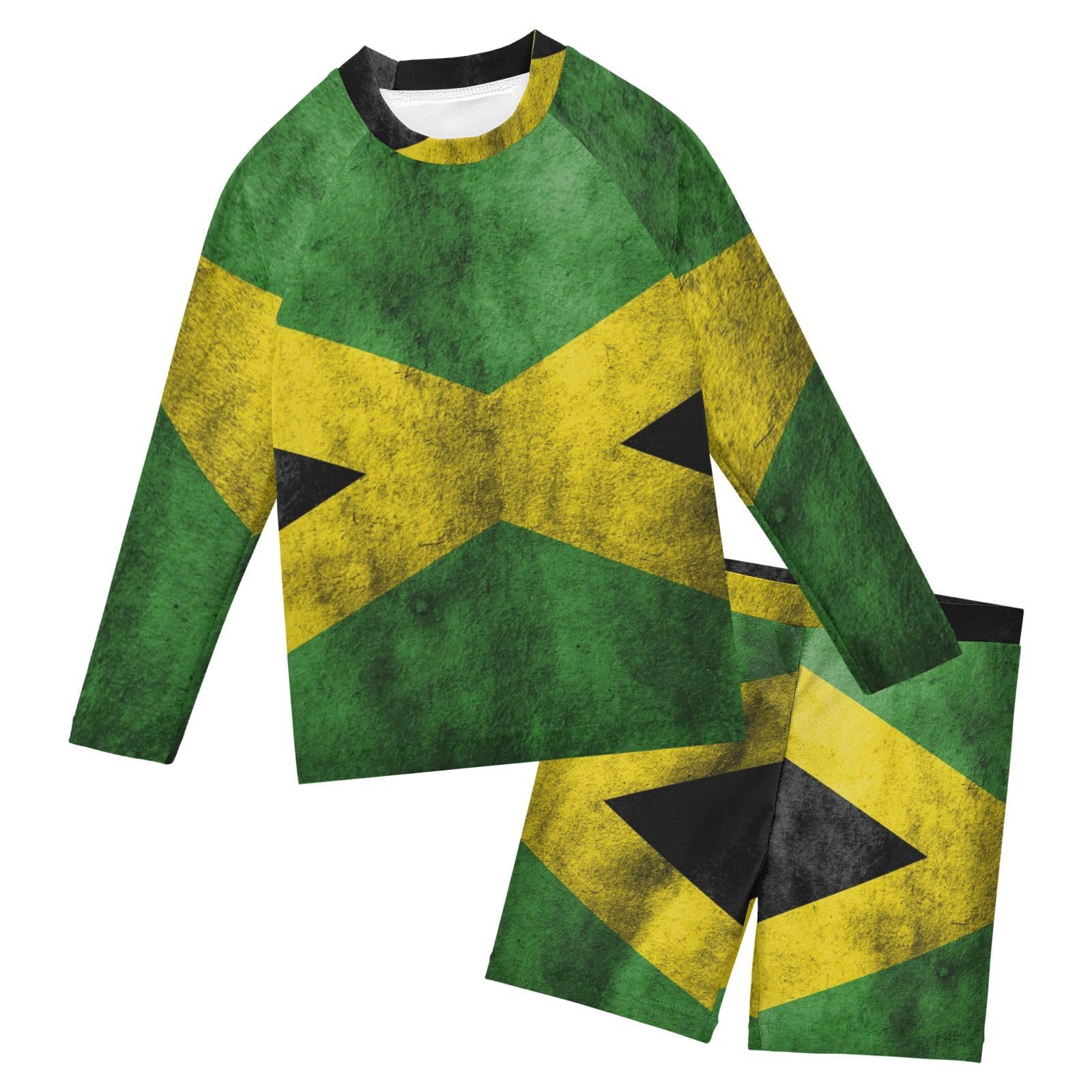Aflyko Patriot Boys' Rash Guard Set Jamaican Flag Grunge Crewneck Swim Shirt with Jammer Stretchy Beach Shorts Comfortable Fit Summer Daily Wear, 7-8T Multicoloured