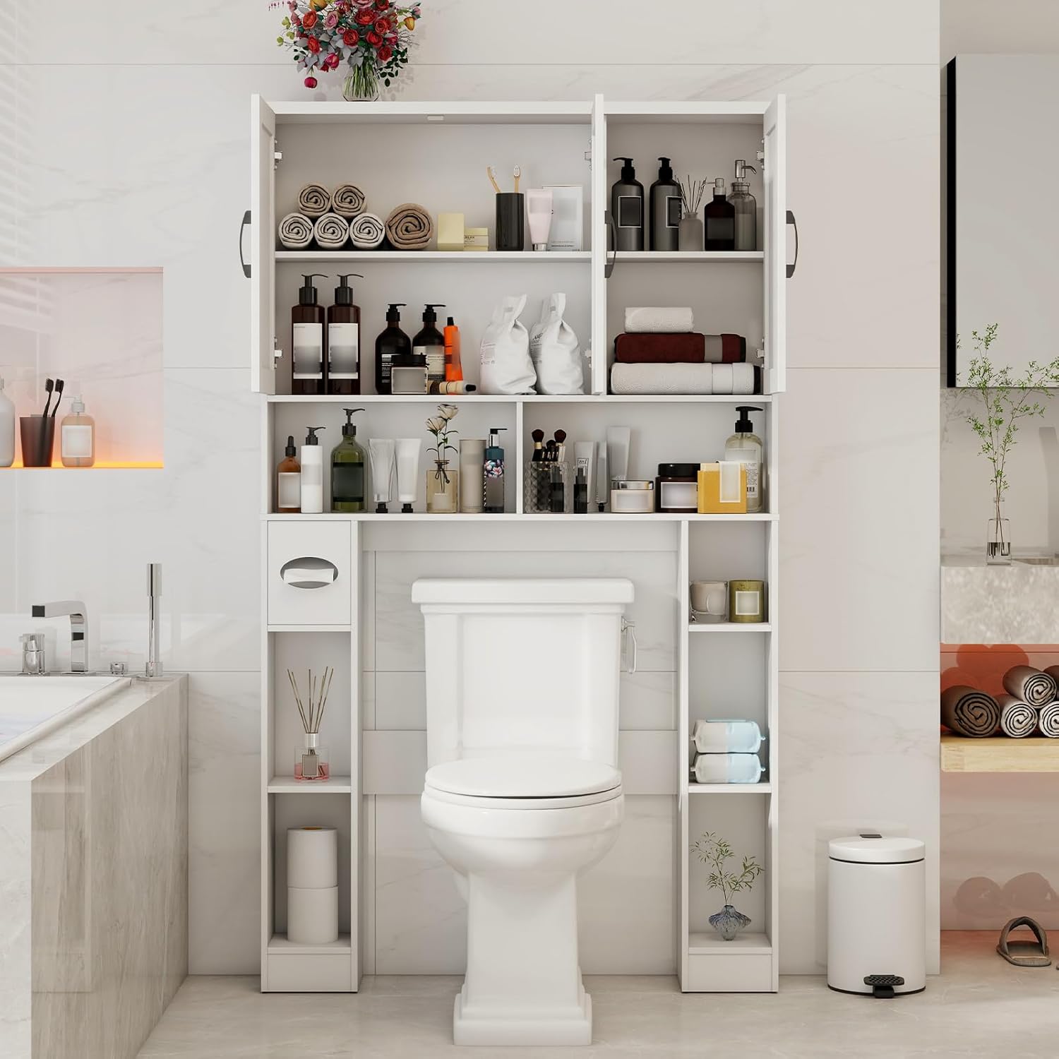Over The Toilet Storage Cabinet, Farmhouse Toilet Cabinet Rack with 3 Barn Doors, Space Saving Bathroom Organizer with Shelves, Toilet Paper Holder and Towel Rack for Bathroom,Restroom,Laundry, White
