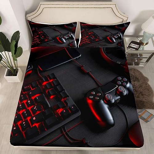 Juego de ropa de cama para videojuegos, tamaño Queen, para niños, adolescentes, niños, color negro y rojo, sábana bajera ajustable con estampado de