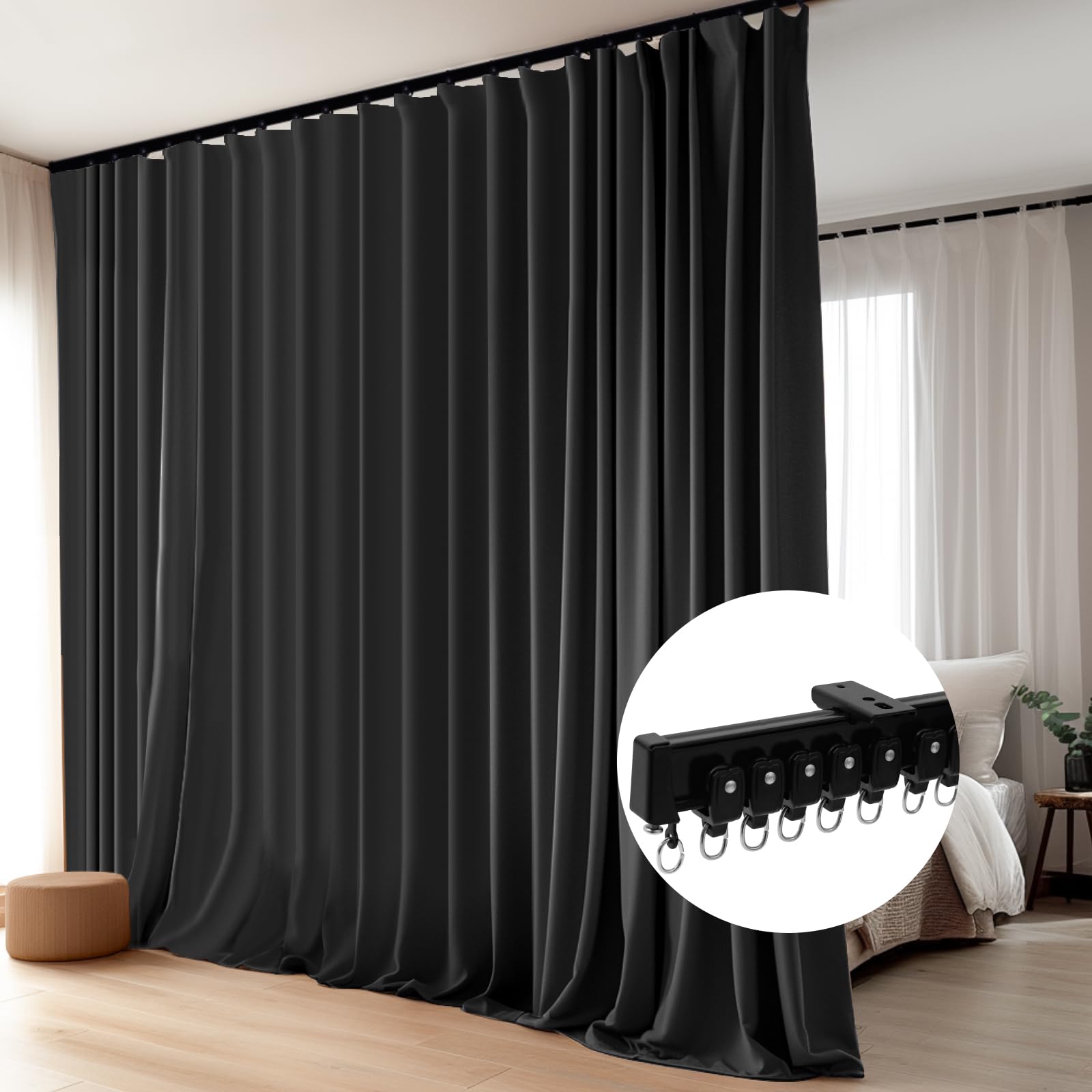 Room Divider Blackout Curtains Flexible Sliding Tracks Sets Ceiling Mounted Rod Window Curtain Privacy Separation for Bedroom Living Rooms,1 Panel Black Drape and Black Track Set-W72xH72 in