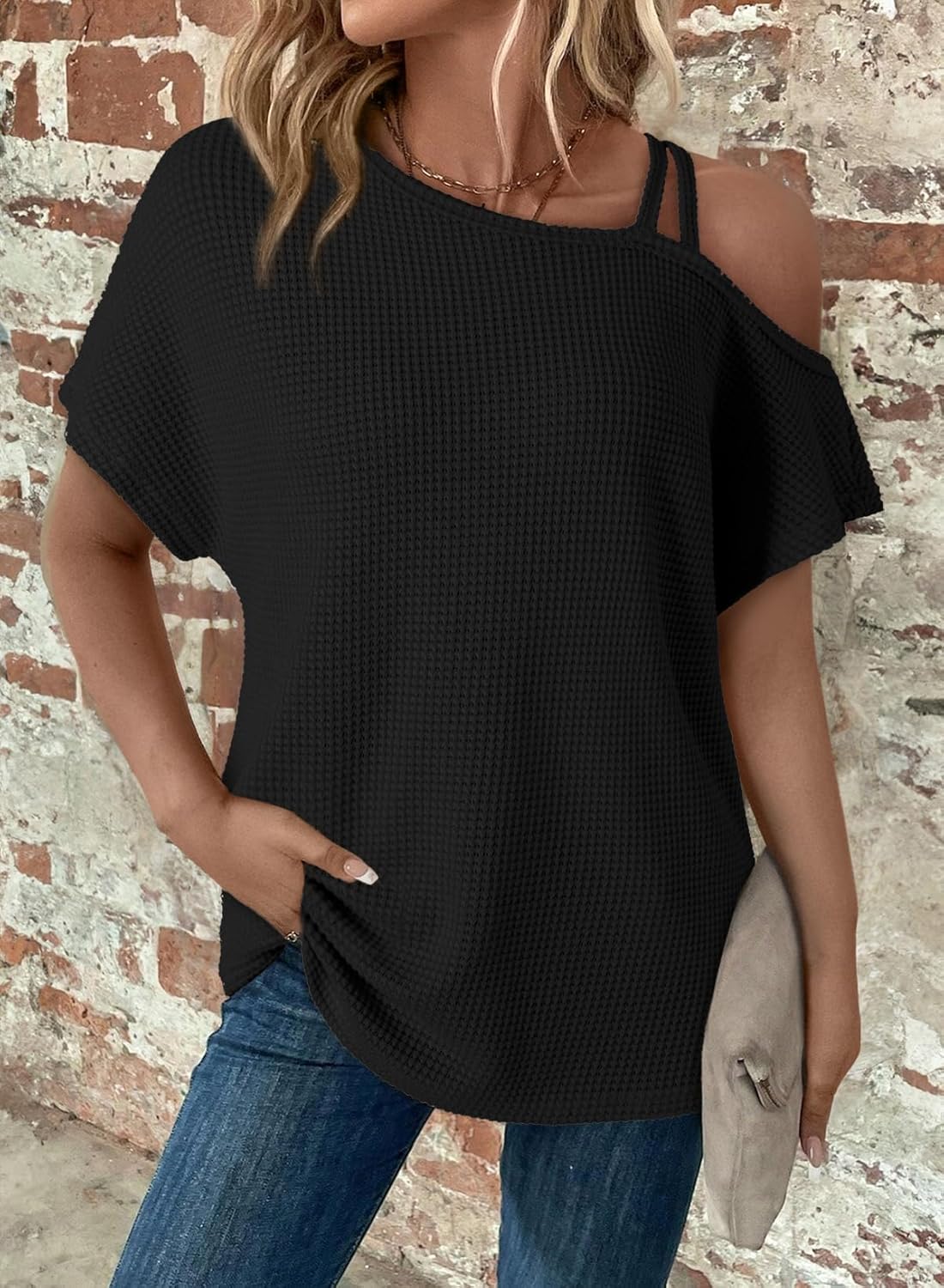 Dokotoo Womens Summer Tops Off One Shoulder Waffle Knit Short Sleeve T-Shirts Casual Lightweight Solid Color Blouses - Image 3
