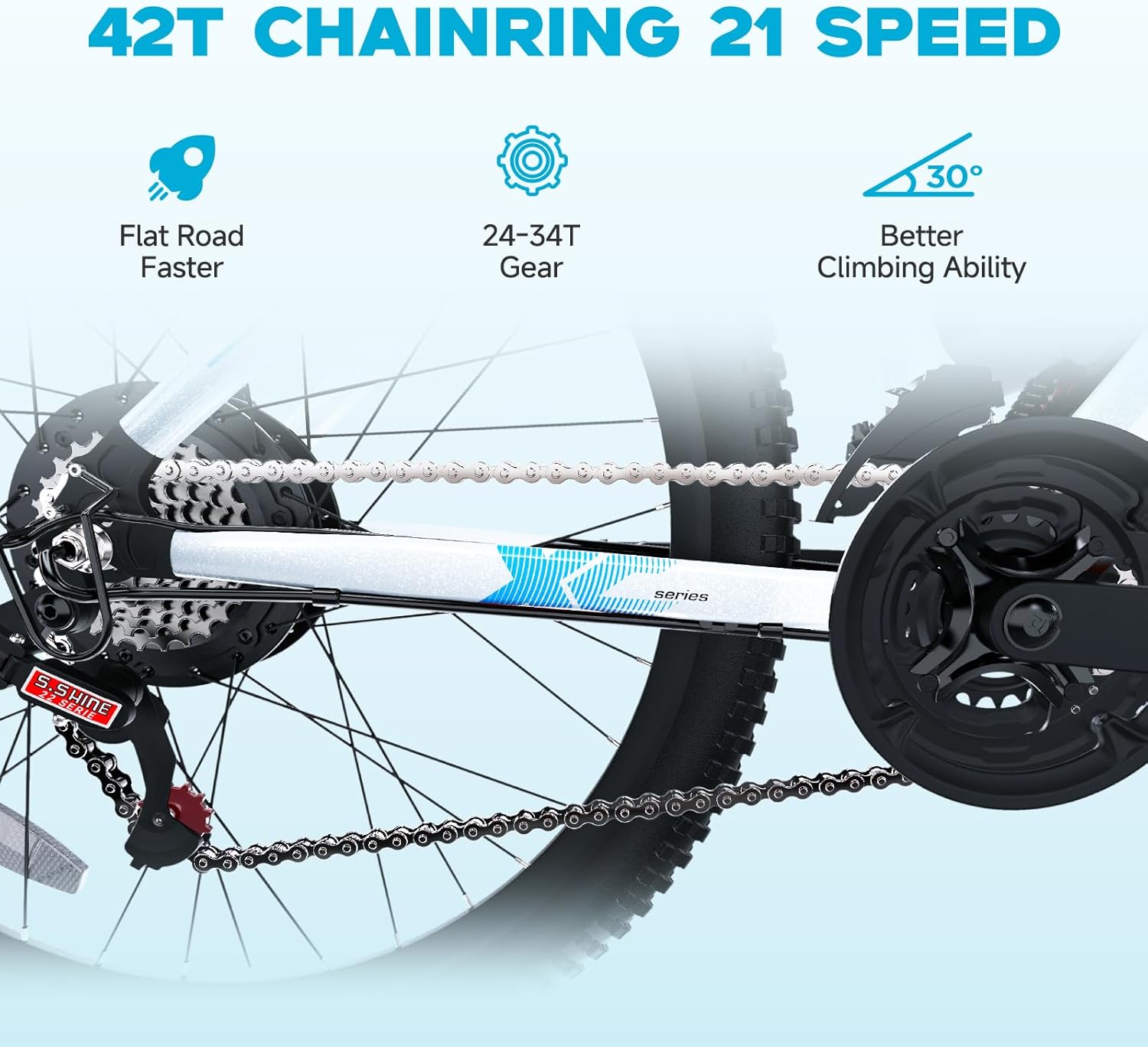 Close-up of the 42T chainring and 21-speed gear system on the QNUT Victor e-bike.