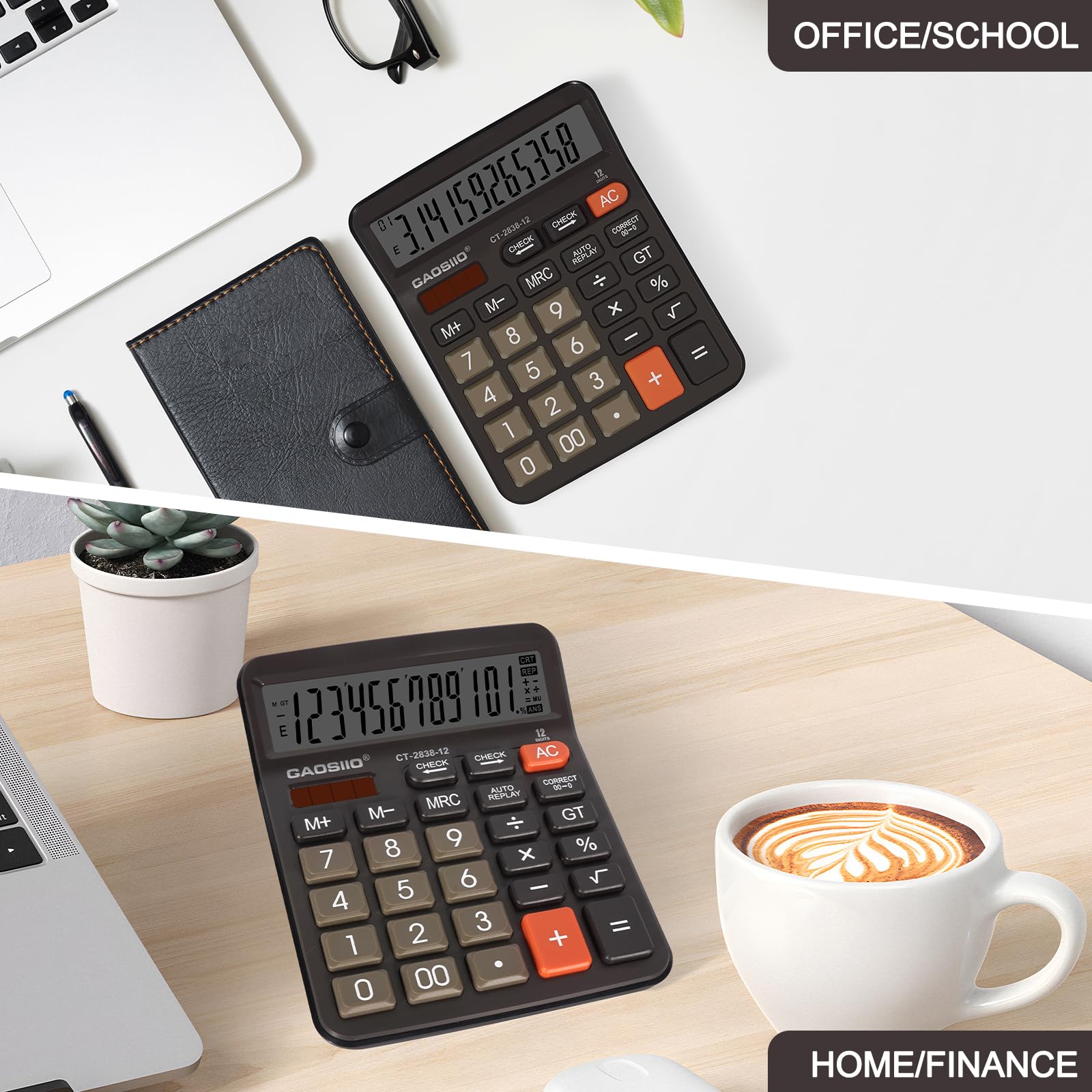 Calculadora de escritorio extra grande de 5 pulgadas, pantalla LCD de 12 dígitos, energía solar y batería, botón grande, función estándar para negocios, oficina, escuela (negro)
