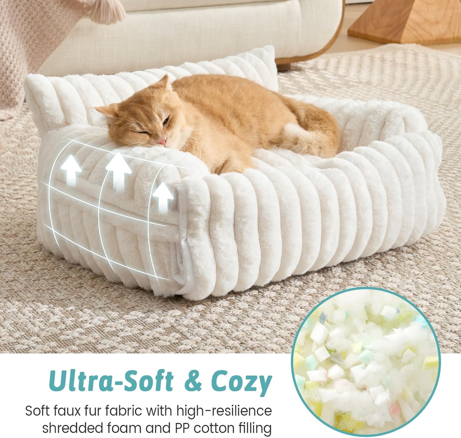 Cute Cat Bed with Removable Cover, Multifunctional Plush Faux Fur Pet Couch Bed with Blanket, Ultra-Soft Pet Furniture for Cats & Small Dogs (Cream, S: 25''x18'')