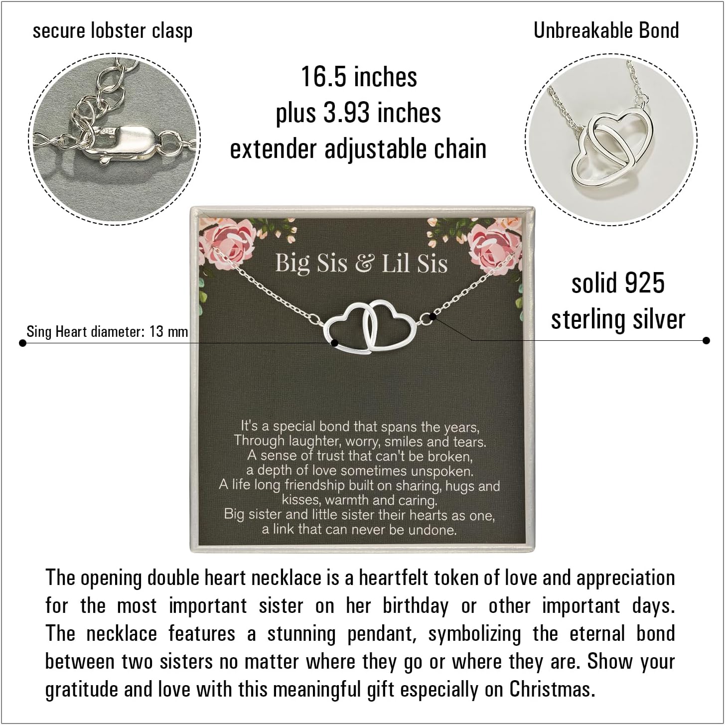 RareLove Sister Necklaces for Women,Big Sis Lil Sis Gift Necklace for Sister Birthday 925 Sterling Silver Interlinked Double Heart Necklace - Image 2