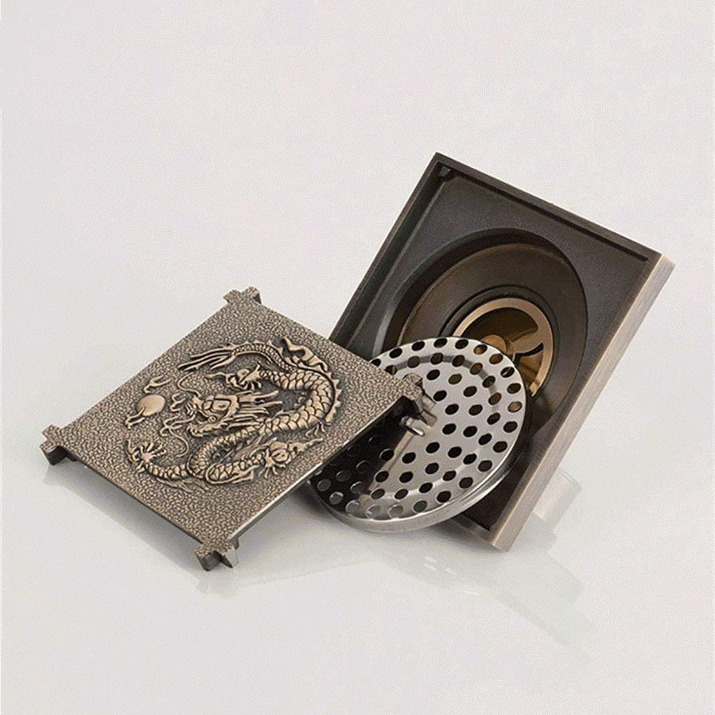 Floor Drain-Brass Bathroom Floor Drain Square Shower Sink Drain Strainer with Removable Cover, Carved, Antique
