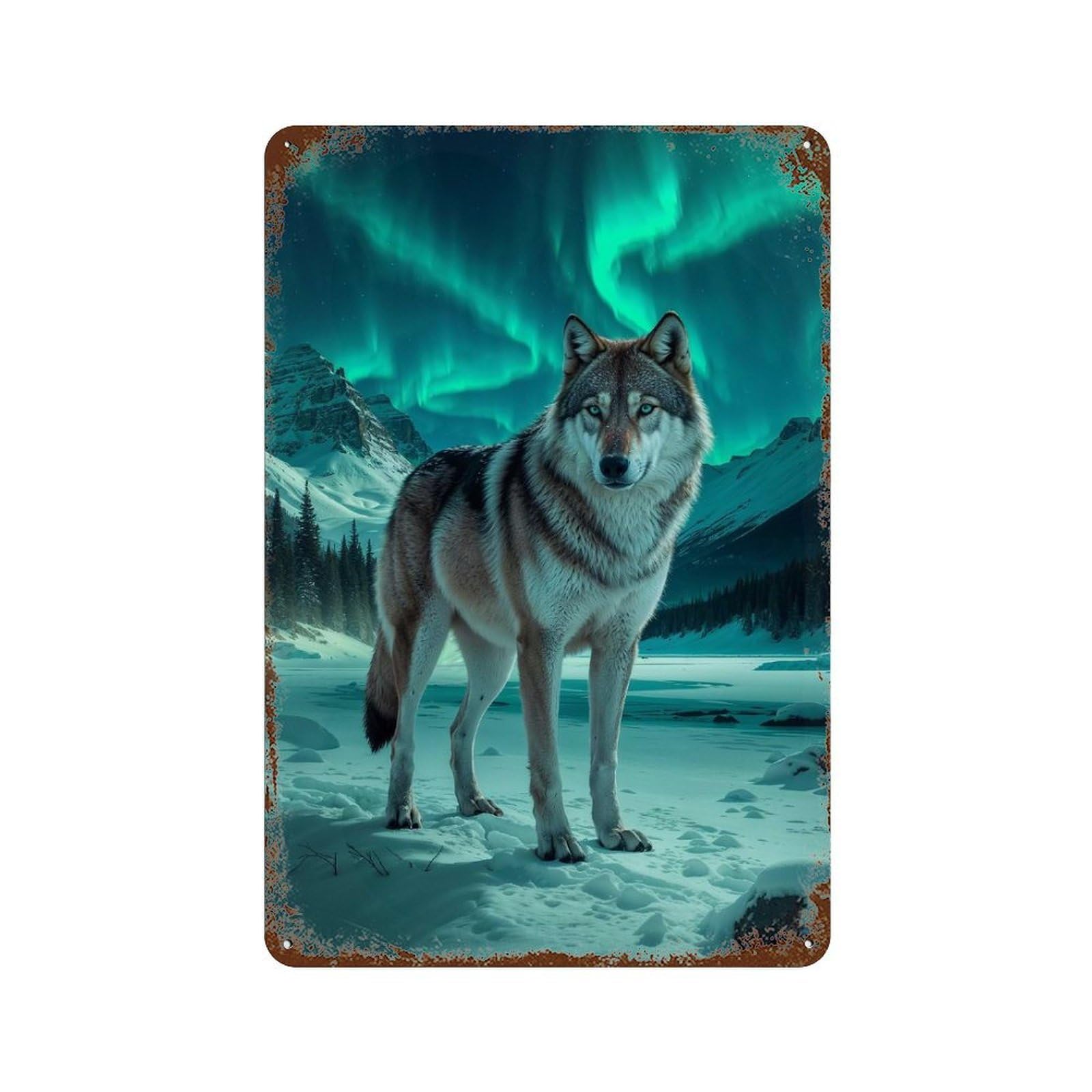 Wolf Under Aurora Borealis Rust Effect Tin Sign 11.8"x7.9", Industrial Home Decor for Basement, Hobby Room And Garage Decor