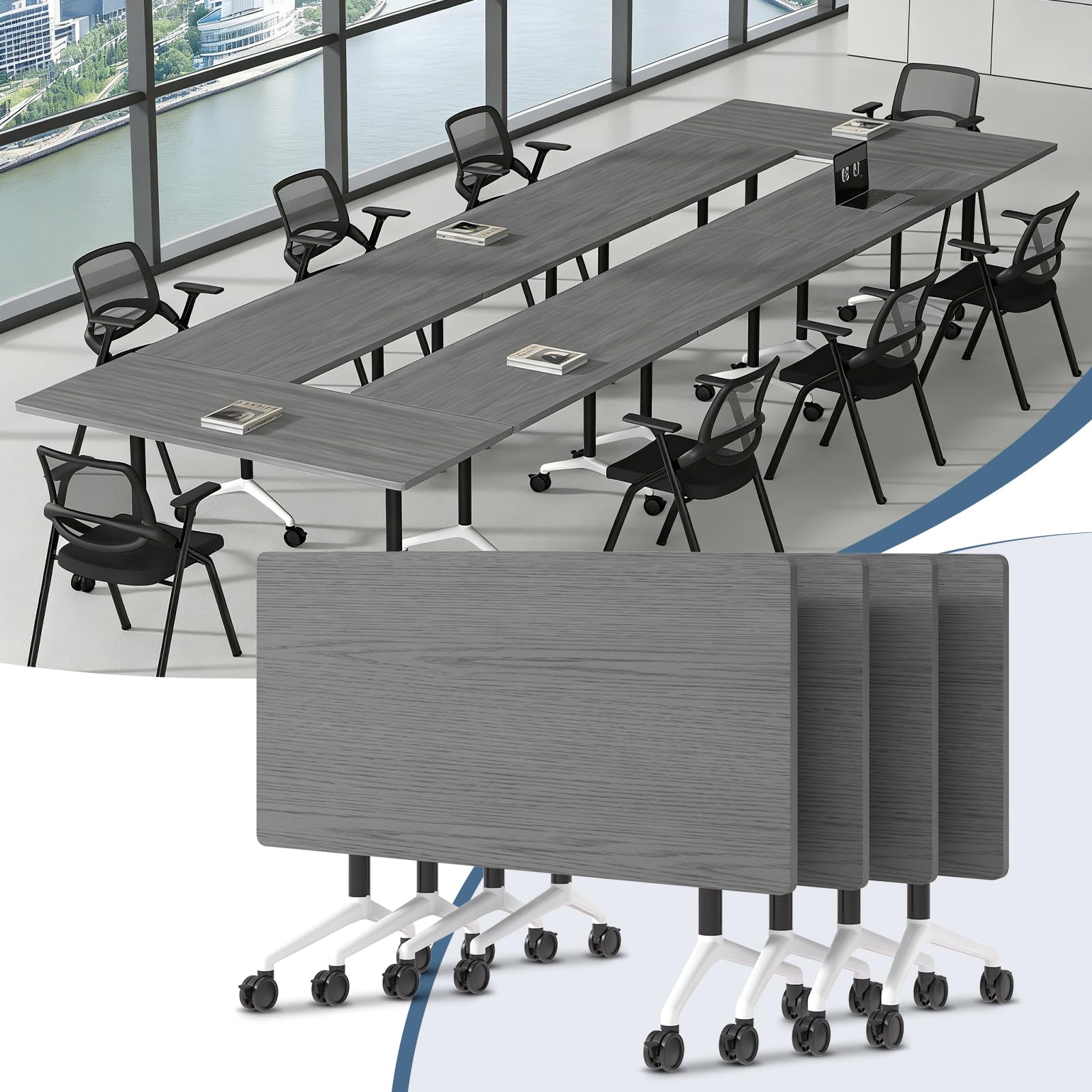 Folding Conference Tables,Flip Top Conference Room Table Mobile Training Tables for 8-10 People,Meeting Table with Silent Wheels for Office Seminar Classroom Tables(4,Gray,62.9in)