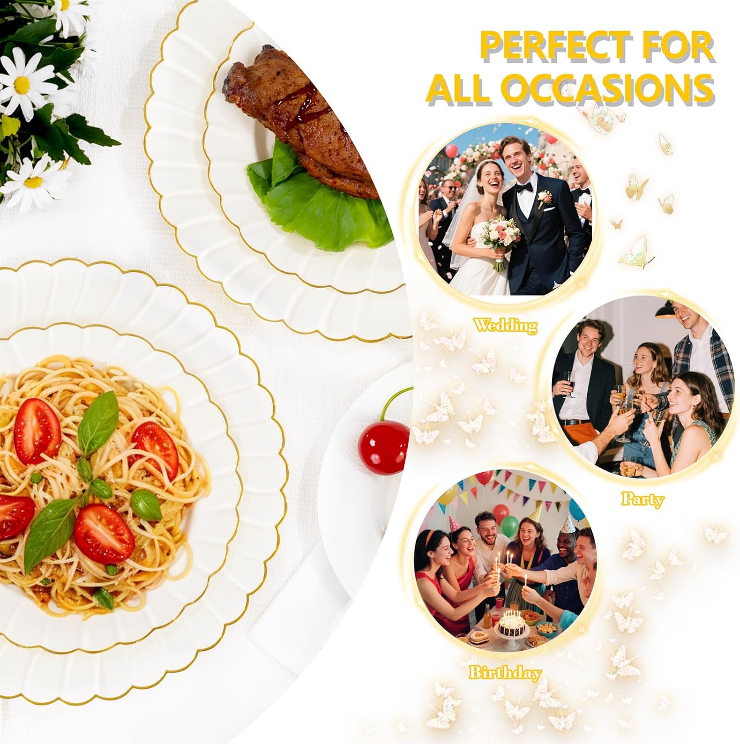 YOUBET 175PCS Ivory Scalloped Plastic Plates - Gold Disposable Dinnerware Set Include 50 Plates, 75 Gold Silverware, 25 Cups, 25 Napkins for Party & Wedding - Image 7