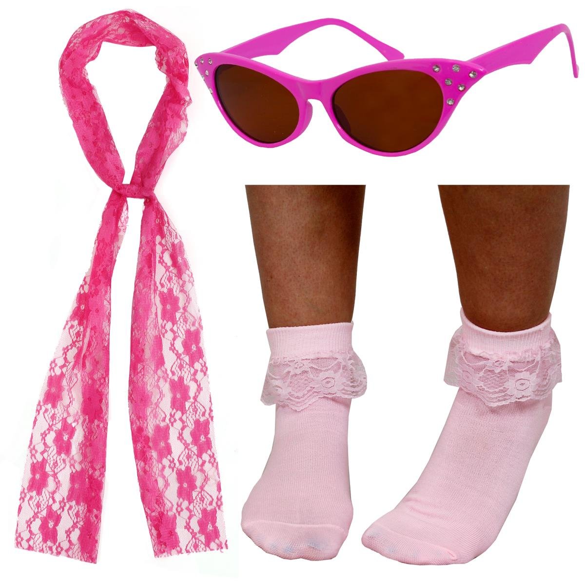 LADIES 1950S FANCY DRESS COSTUME SET – PINK 50S STYLE SUNGLASSES, PINK LACE CHIFFON AND PINK BOBBY SOCKS