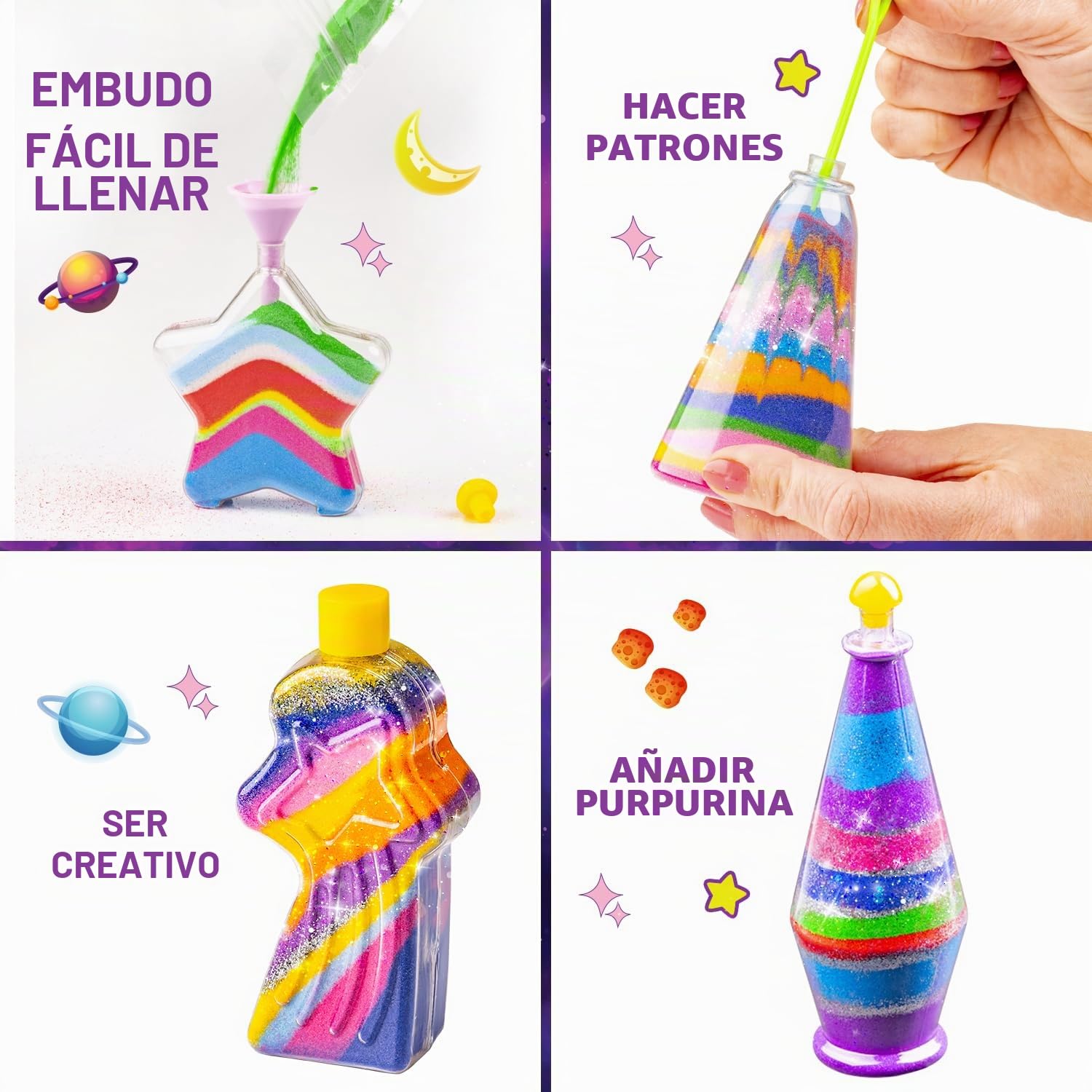 GirlZone Kit de Arte con Arena de Galaxia Brillante, Arena Mágica de Colores Kit Manualidades y Juegos con Arena Galáctica Kit de Arte Regalos Niños