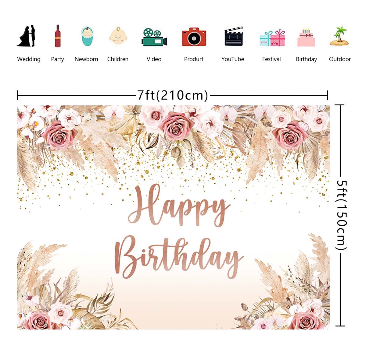Toile Fond Photo Bohème Happy Birthday - 2,1x1,5m, Fleurs Roses, Pampas, Pour Anniversaire