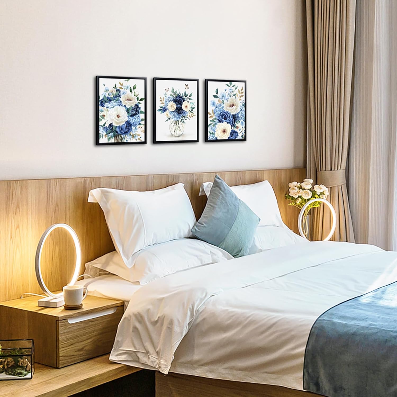 sechars Blue and White Floral Wall Art Navy Rose and Hydrangea Botanical Paintings Modern Bathroom Kitchen Wall Decor