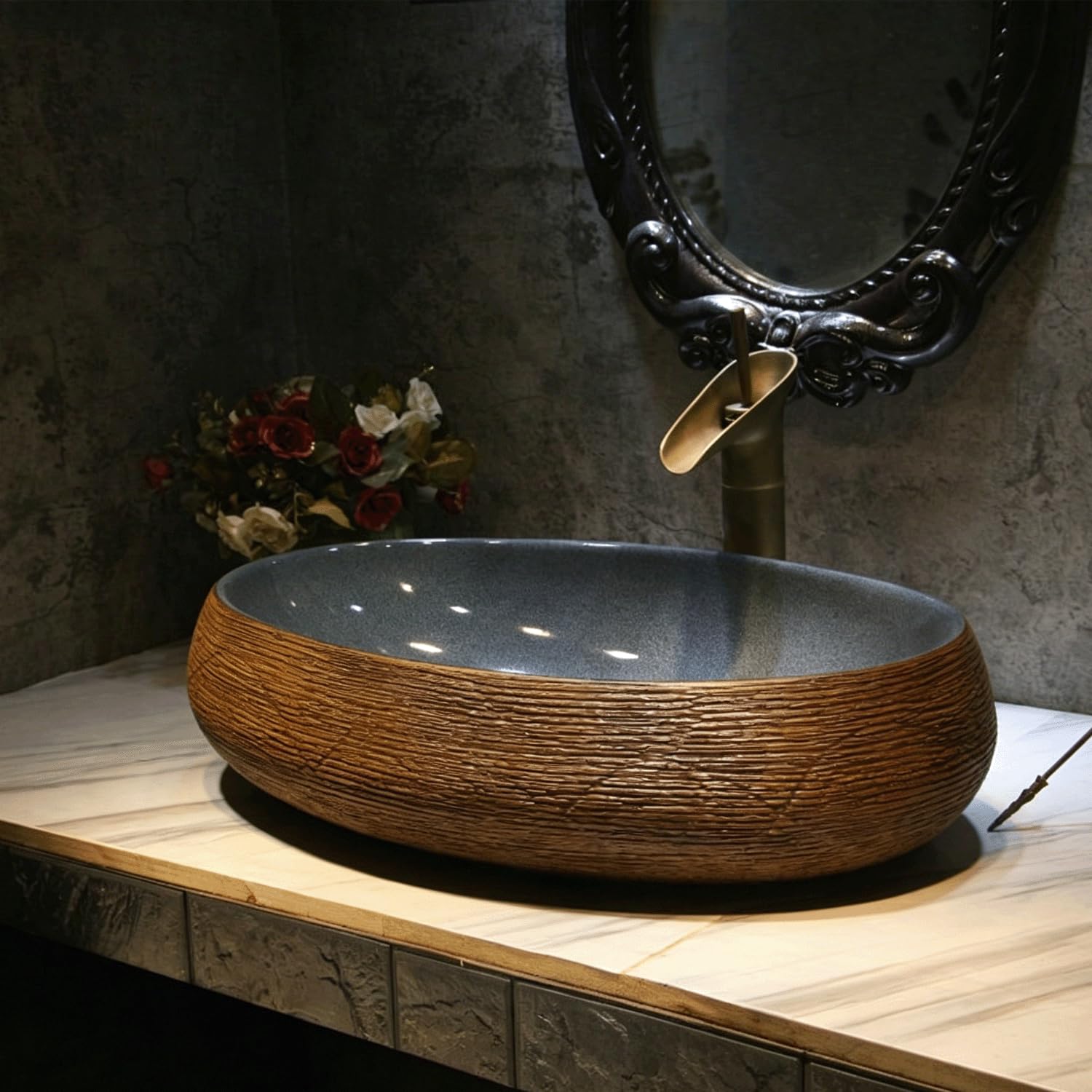 QjxSXLFSX ceramic countertop basin, Oval Bathroom Vessel Sink,Handmade, high-temperature fired, clean and easy to clean, for Bathrooms and Homes,F,47×33×15cm