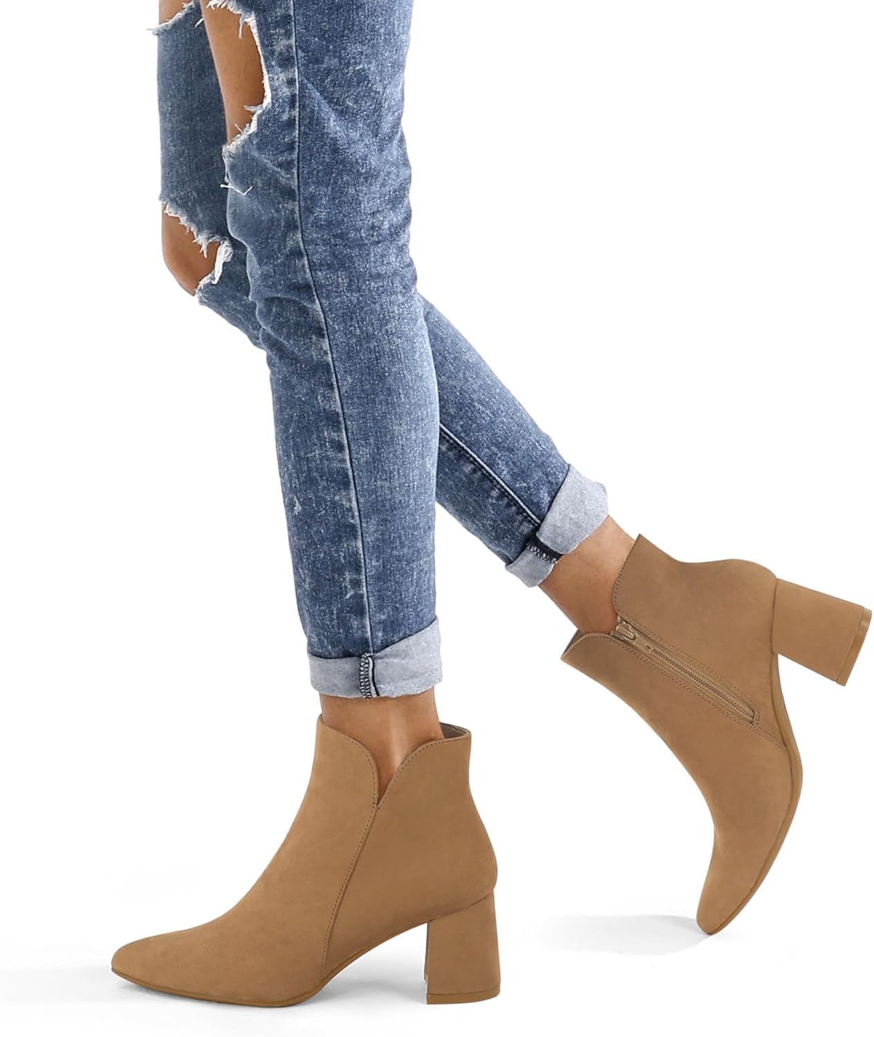 mysoft Women's Ankle Boots Chunky Block Low Heel Comfortable Pointed Toe Side V Cutout Dressy Office Booties with Zipper - Image 2