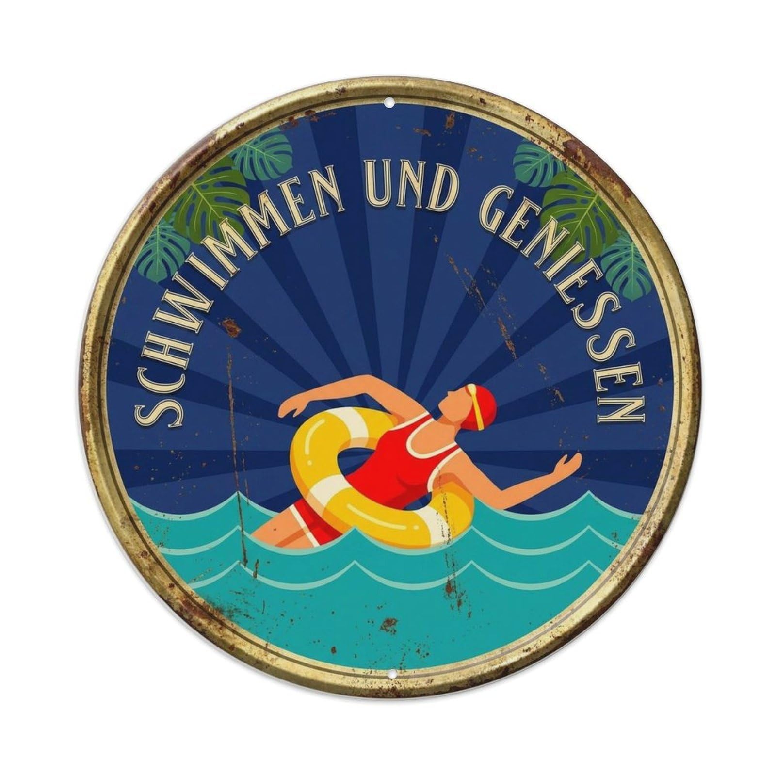 Swimming And Enjoying Relax Unwind Pool Oasis Retro Spa Metal Tin Sign Plaque Wall Decor for Cafe, Man Cave, Club Bar, Office, Home Garden Round Metal Poster 8x8Inch