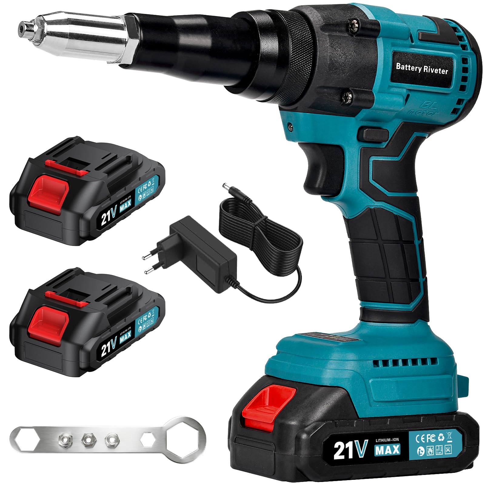 Remachadora Bateria, 20000N Remachadora Electrica sin Escobillas, Remachadora Automatica Inalambirca con baterias 2x 1.5Ah, para remaches de 2.4-4.8mm, carrera 18 mm