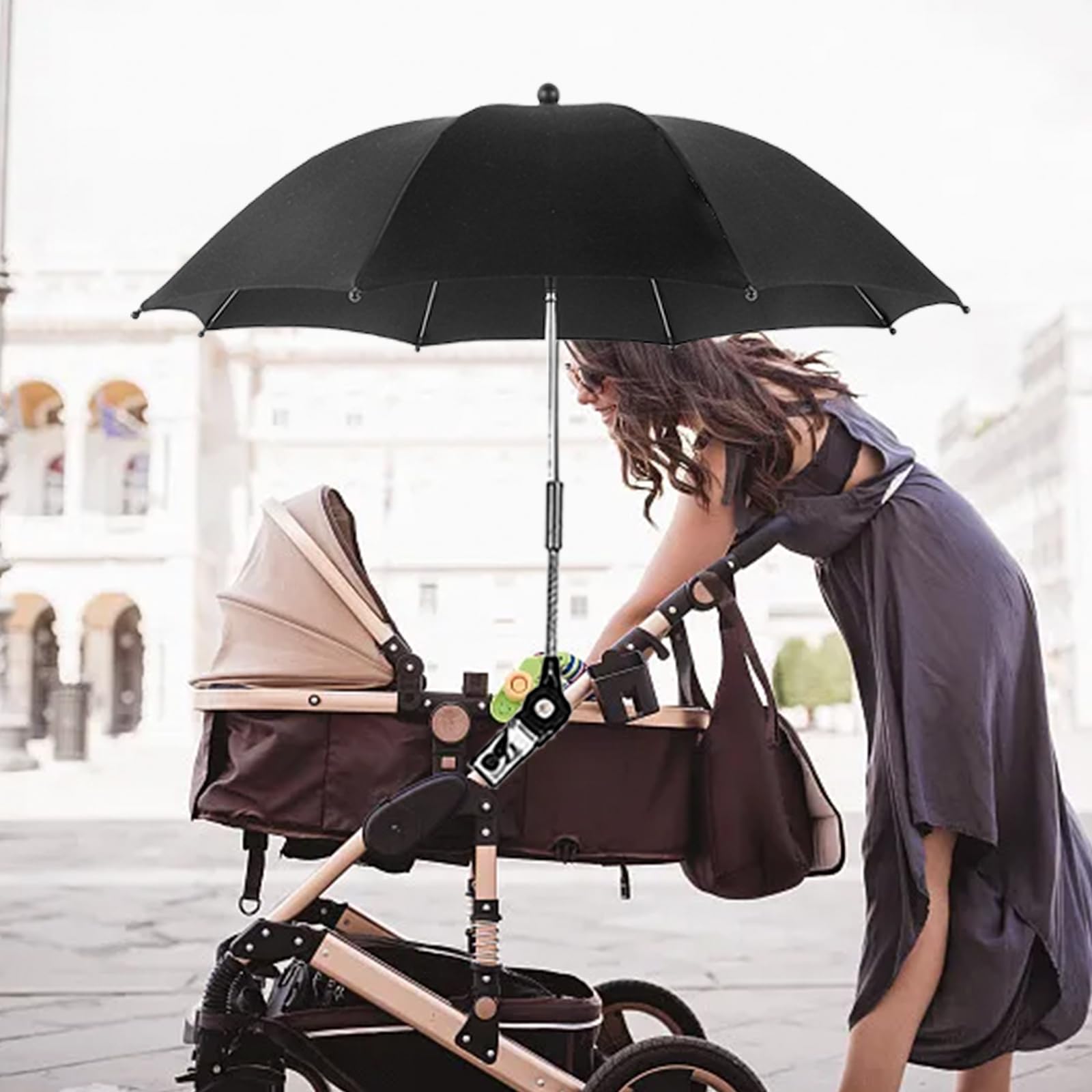 Parasol de Poussette Universel avec Support - 84 cm Diamètre, Protection UV 50+, Rotatif et Inclinable, Noir