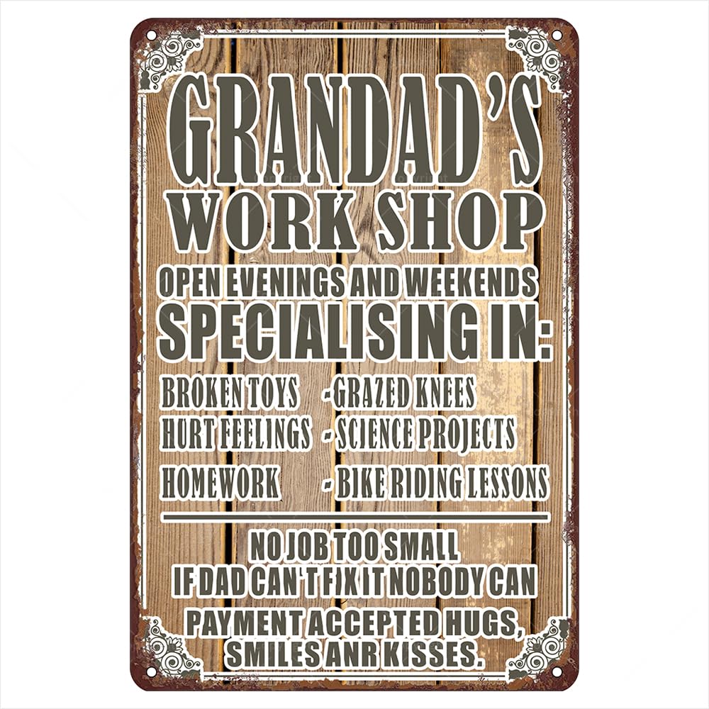 Vintage Tin Sign Grandad's Workshop: Specialising in Broken Toys, Hurt Feelings, Homework - Funny Tin Signs Vintage Decor for Garages, Workshops, and Man Caves - Gifts for Grandads 8 X 12 Inch