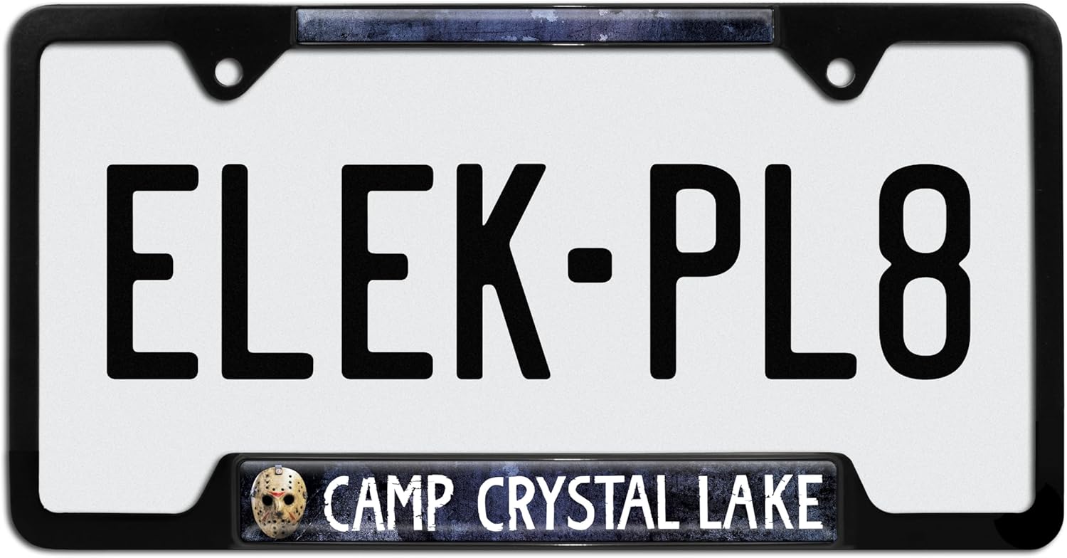 Elektroplate Officially Licensed – Friday the 13th Jason Camp Crystal Lake Black All-Metal Open Corner Horror License Plate Frame Tag Holder for Cars/SUVs/Trucks Weather-Proof Automotive Accessory