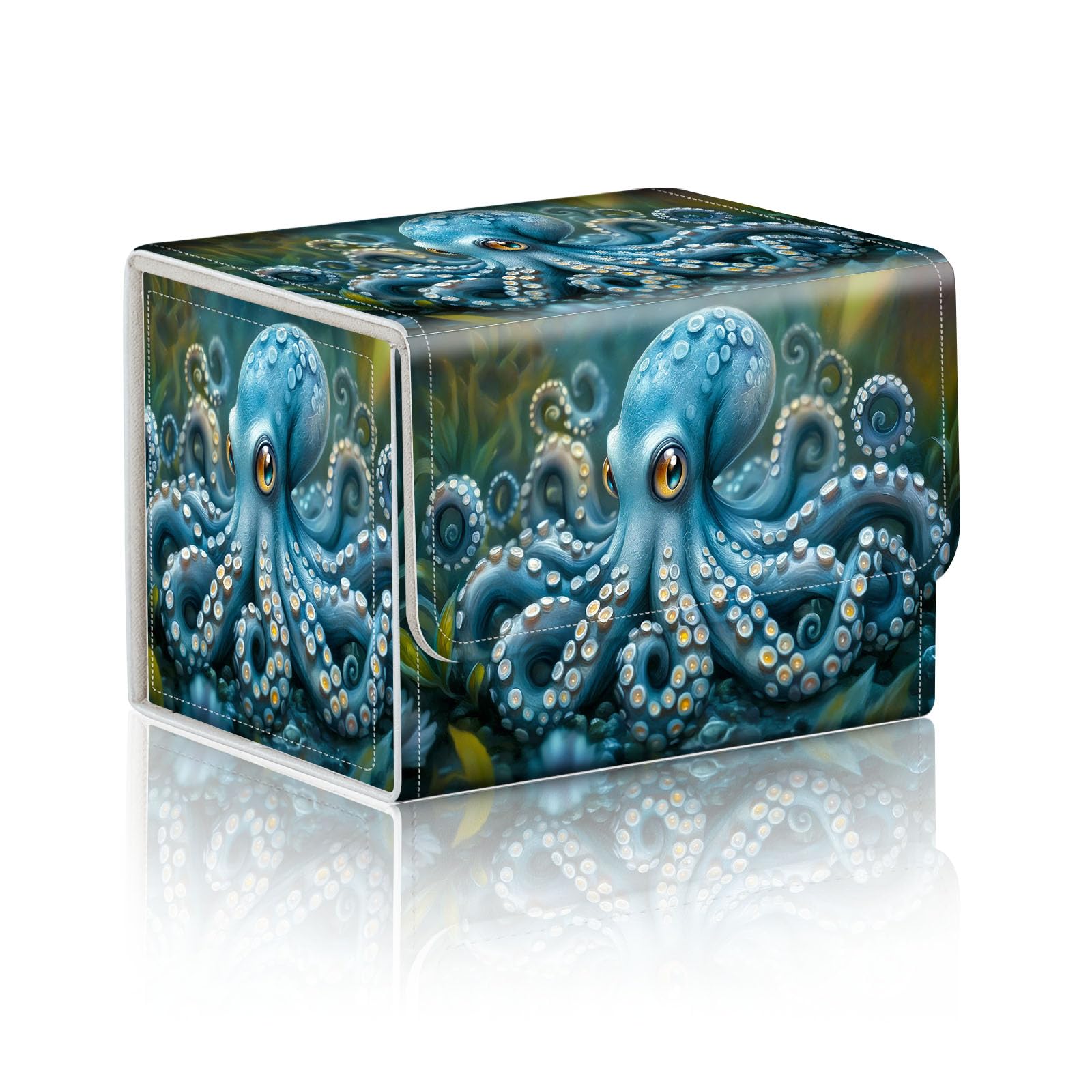 DISUOFEART Trading Card Storage Box, Holds 100+ for MTG Cards, PU Leather with Magnetic Closure, Blue Octopus in Deep Sea Plants Durable Deck Box for Magic the Gathering, Trading Card Games