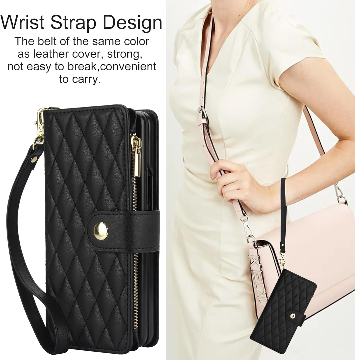 Asuwish Phone Case for Samsung Galaxy Z Fold 7 with Zipper Wallet Cover Card Holder Slot Stand Flip Wrist Strap Purse Cash Pocket Mobile Leather Cell Accessories ZFold Z7 G Fold7 7Z Women Men Black