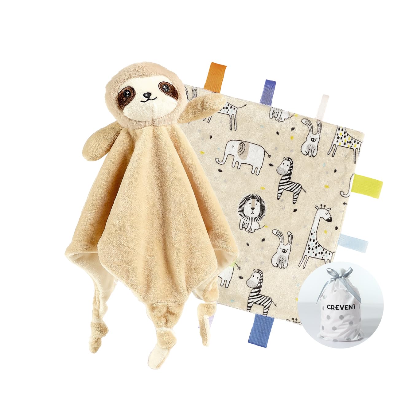 CREVENT Cozy Plush Baby Security Blanket, Loveys for Baby Girls and Boys, Birthday (Sloth + Tag)