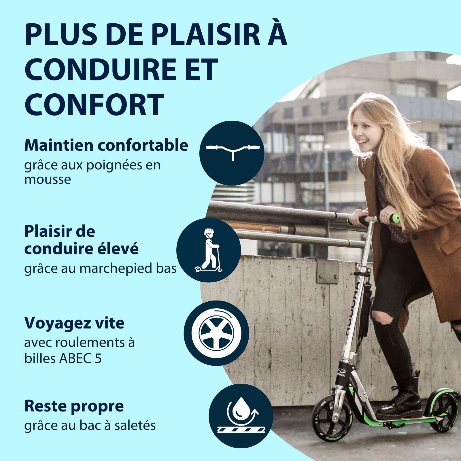 HUDORA BigWheel Scooter 205 Trottinette de Ville Stable en Aluminium réglable en Hauteur et Pliable pour Enfants et Adultes jusqu'à 100 kg avec Support