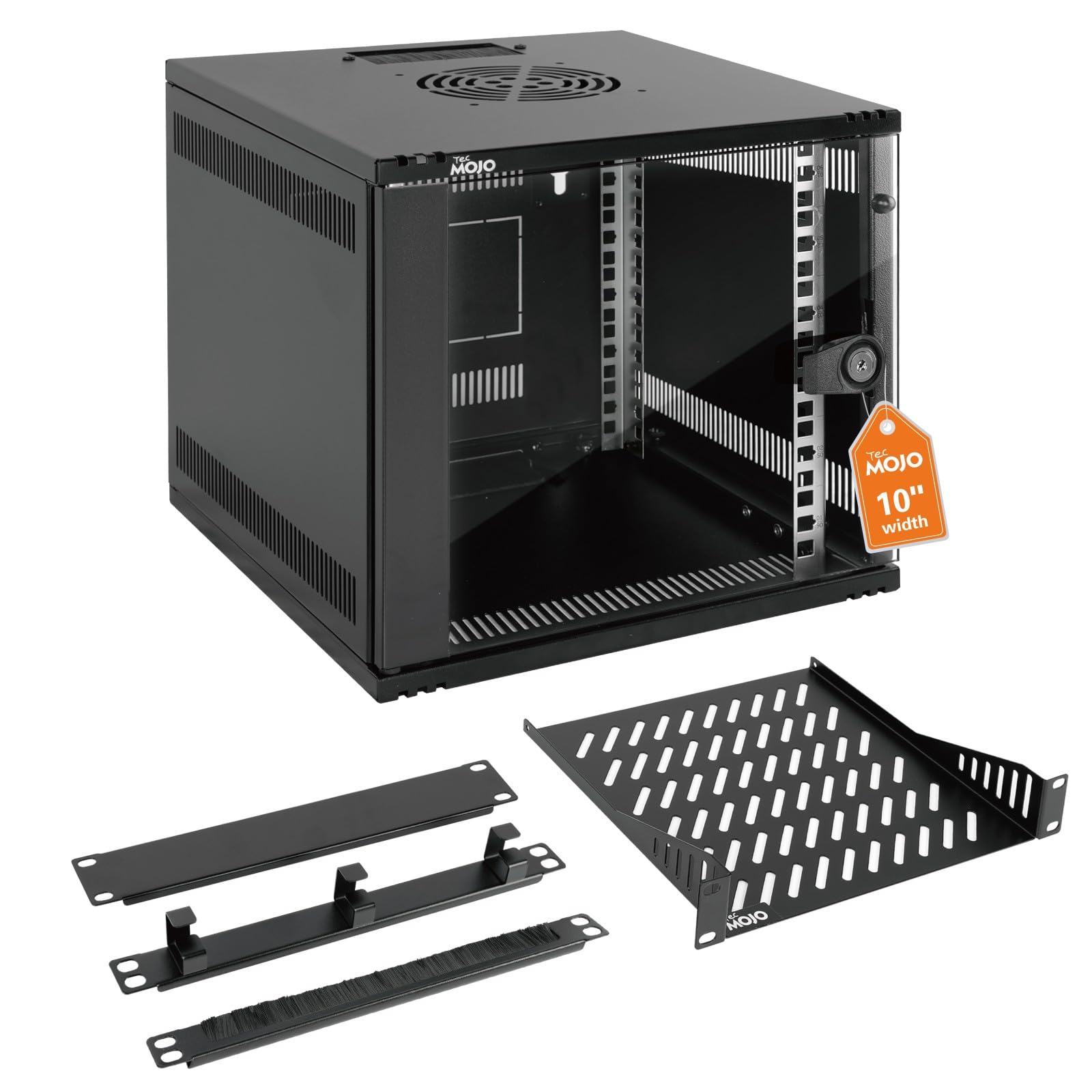 Tecmojo Armadio di Rete 10 Pollici 6U Montaggio a Parete Profondità 330mm Ripiano Rack Griglie Spazzole Portata 50kg Nero Porta Vetro