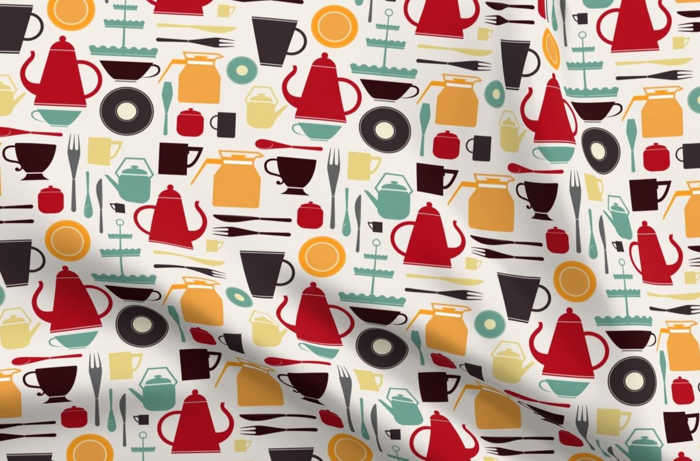 Spoonflower Fabric - Vintage Kitchen Tea Pot Coffee Time Retro Home Printed on Petal Signature Cotton Fabric by The Yard - Sewing Quilting Apparel Crafts Decor