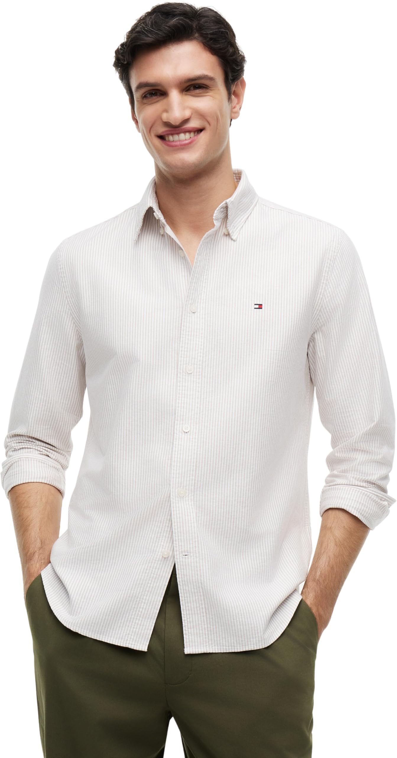 Tommy Hilfiger Men’s Long Sleeve Regular Fit Stripe Shirt, Beige (Coastal Taupe/Stripe), XL