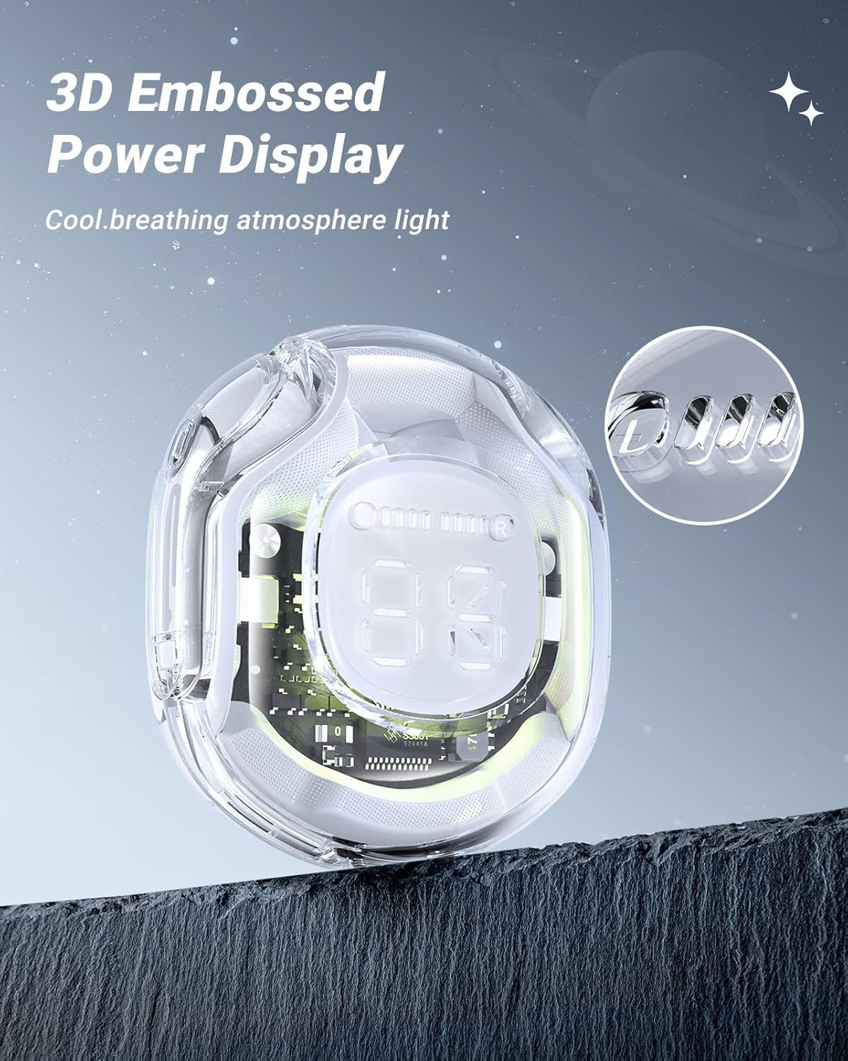 Clear Beat Cuffie Auricolari Wireless Bluetooth 5.3, Design Trasparente, Suono Cristallino, Impermeabili IPX4, Custodia con Ricarica Smartphone, Microfono Integrato, Autonomia 2-3 Ore, USB-C (Bianco)