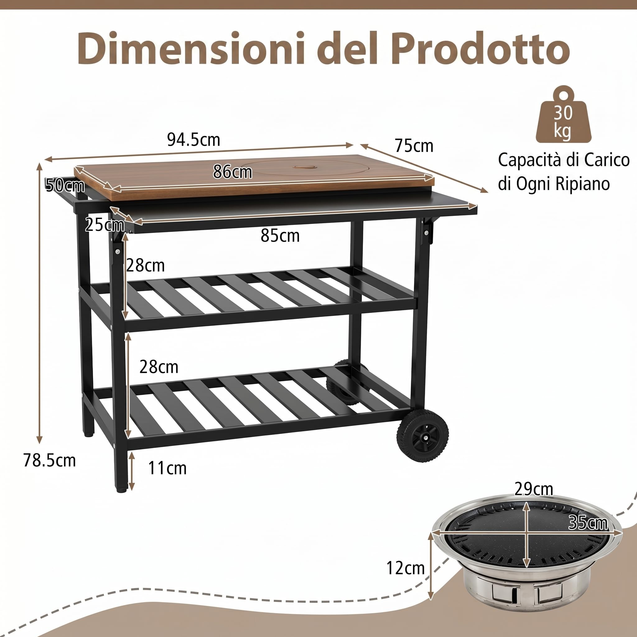 COSTWAY Carrello per Barbecue, Mobile Servizio da Esterno con Forno Smontabile, Griglie e Teglie in Metallo, Tavolino Pieghevole, Carrellino con Ruote per Picnic e Feste, 94,5 x 75 x 78,5 cm
